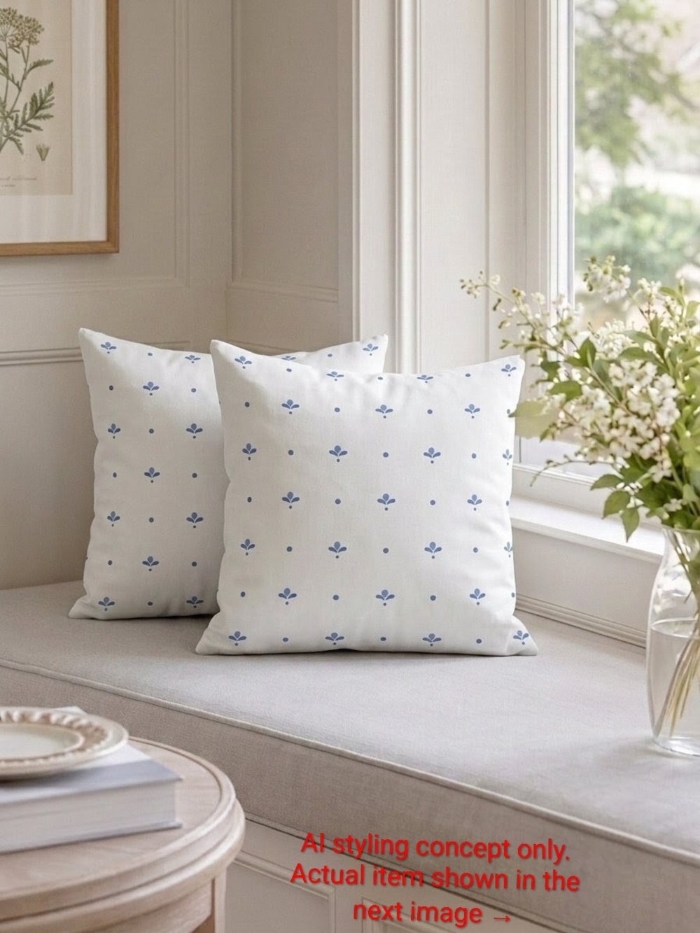 Set of 2 Handmade Blue Floral Ditsy Dotted Throw Pillows 12"x12"x4"